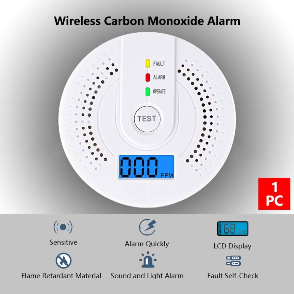 Standalone Kohlenmonoxidmelder Alarm mit LCD-Display, keine Batterie enthalten