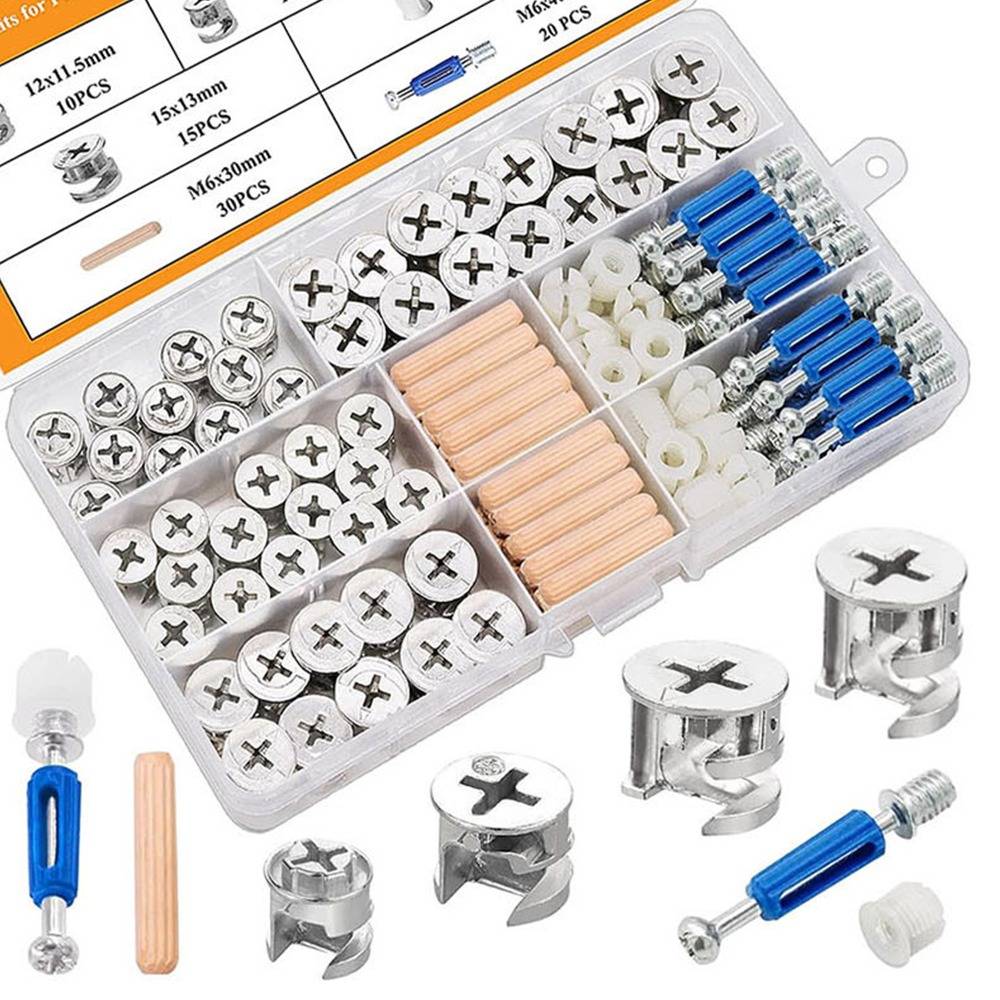 120-teiliges 3-in-1 Möbelbeschlag-Set – Exzenter-Radbolzen, Dübel und vormontierte Muttern