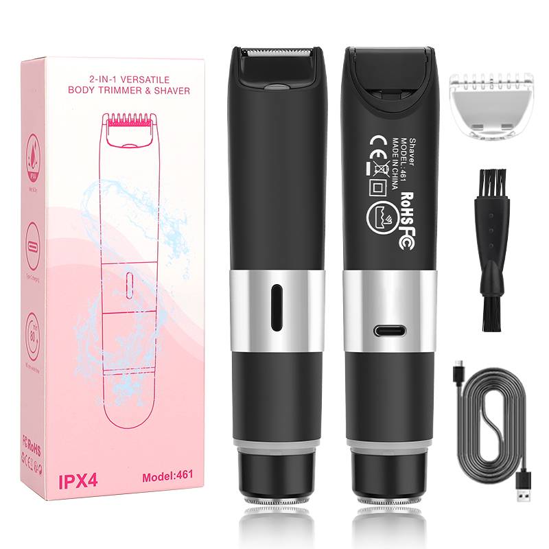 2-in-1-Körperrasierer und Trimmer-Set mit Ladekabel, Reinigungsbürste, Ersatzkopf und rosa Verpackung mit Kennzeichnung „IPX4
