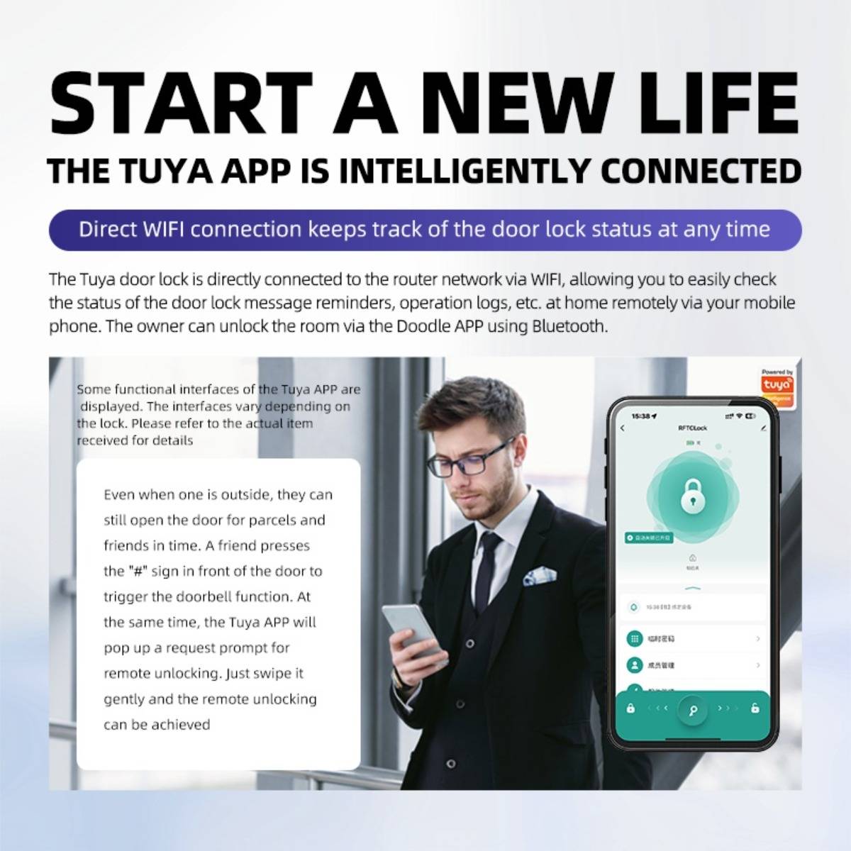 Tuya WiFi Smart Türschloss - Schwarze Aluminiumlegierung Fingerabdruck & App-Steuerung