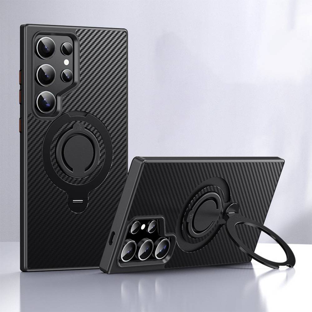 Schwarze TPU+Acryl Hülle kompatibel mit Samsung S25 Ultra mit 360° drehbarem magnetischem Ringhalter