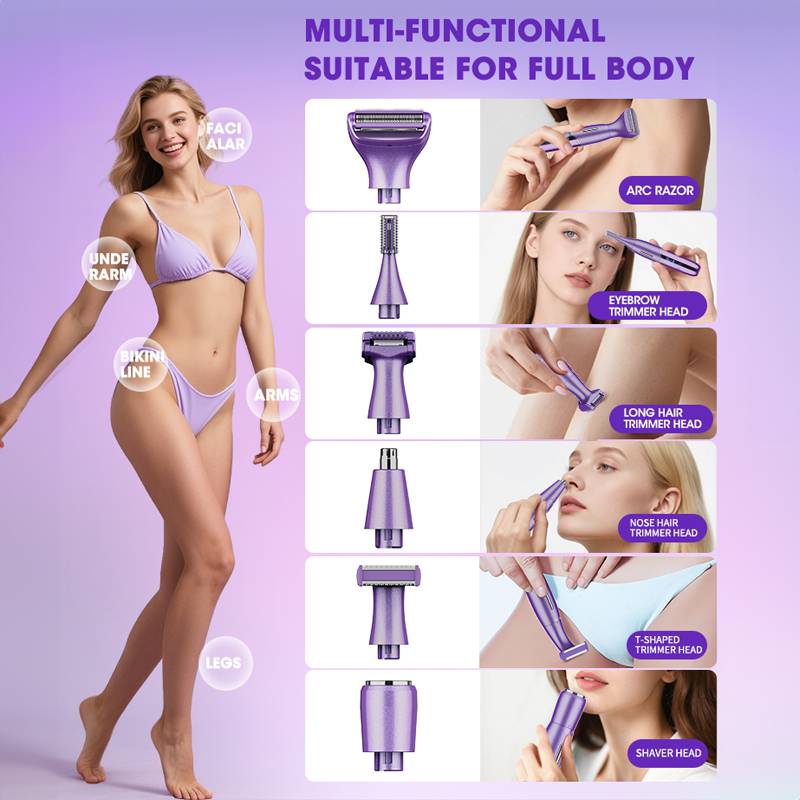 Anzeige mit einem violetten Multifunktions-Trimmer zur Ganzkörperpflege, mit Aufsätzen für Gesicht, Achselhöhlen, Bikinizone, Arme, Beine und Rasierkopf.