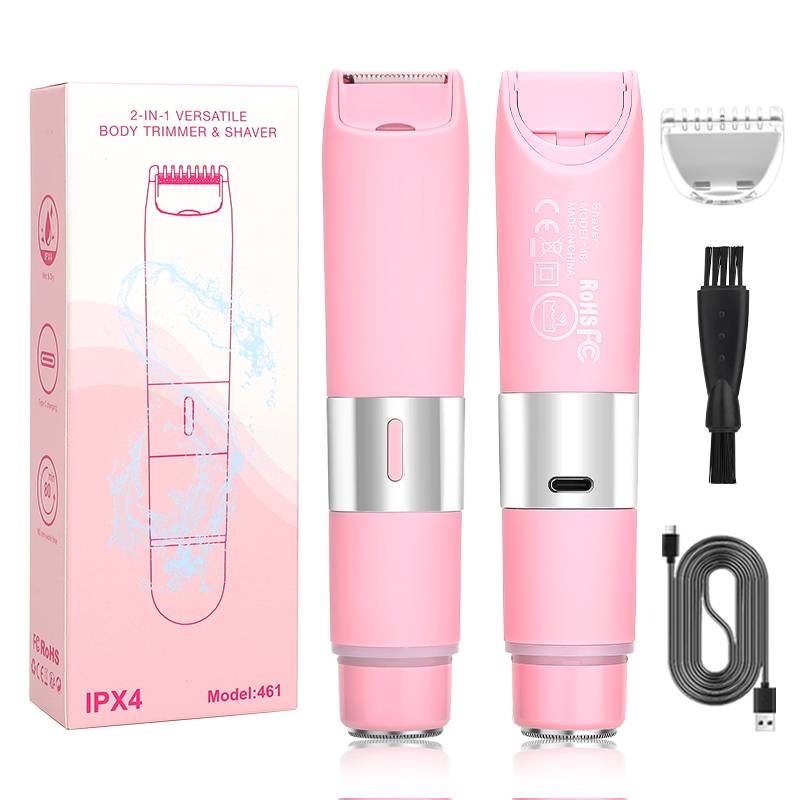 Rosa 2-in-1-Körpertrimmer- und Rasierer-Set dargestellt mit Produktbox, zwei tragbaren Geräten, Ersatzkopf, Reinigungsbürste und USB-Ladekabel.