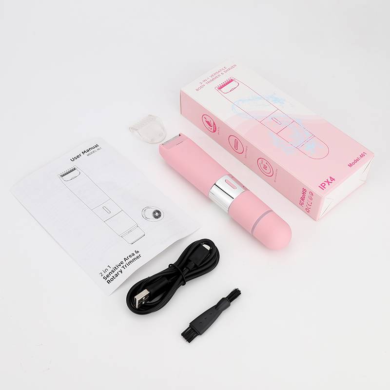 Rosa elektrischer Augenbrauentrimmer-Set mit Box, Benutzerhandbuch, USB-Ladekabel und Reinigungsbürste auf weißem Hintergrund.