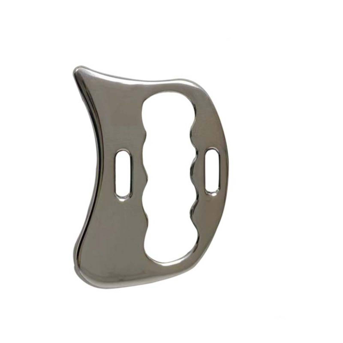 Metallische ergonomische Griffplatte mit großem zentralem Ausschnitt und zwei kleineren Seitenschlitzen, dargestellt auf weißem Hintergrund.