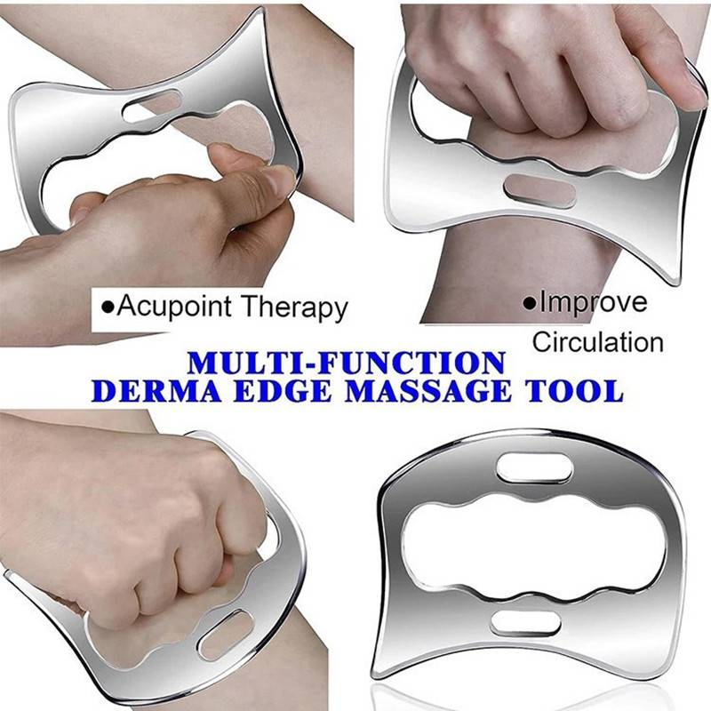 Werbebild eines metallenen Dermal-Kantenmassage-Werkzeugs, das auf der Haut verwendet wird, mit der Bezeichnung „Akupunktur-Therapie