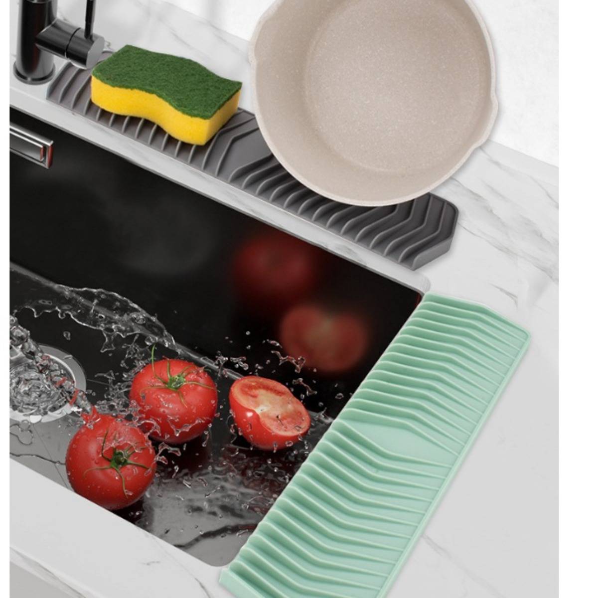 35cm Silikon Abtropfmatte mit Gefälle für Spüle - Automatische Wasserablaufunterlage Black