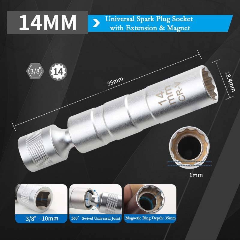 Universalgelenk 12-Punkt Magnetische Dünnwand Zündkerzenstecknuss (14mm & 16mm) 14 mm