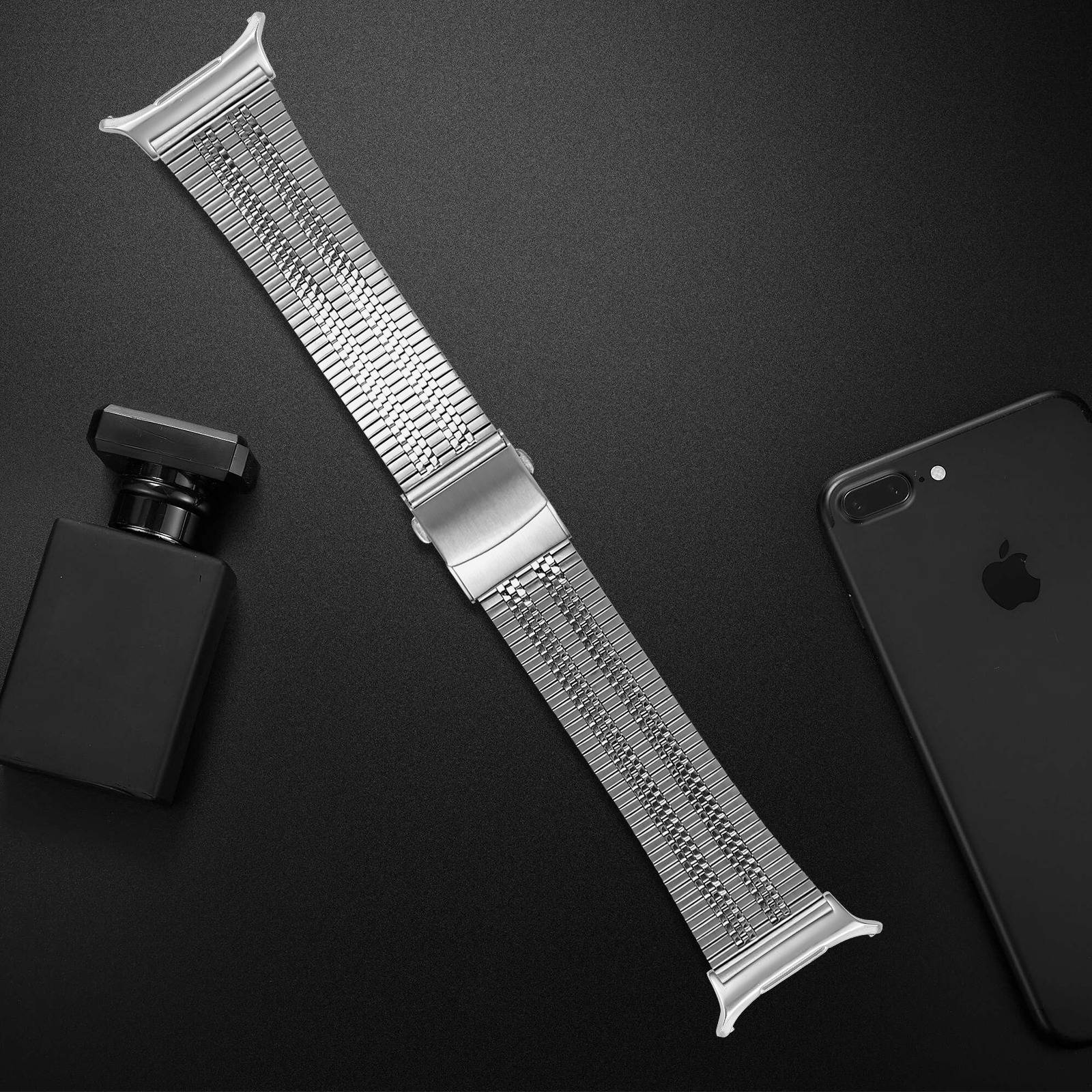 Hochwertiges Edelstahlarmband mit fünf Perlen und Schildkrötenschnalle, kompatibel mit Samsung Galaxy Watch 8/Ultra/Ultra 2 Silver