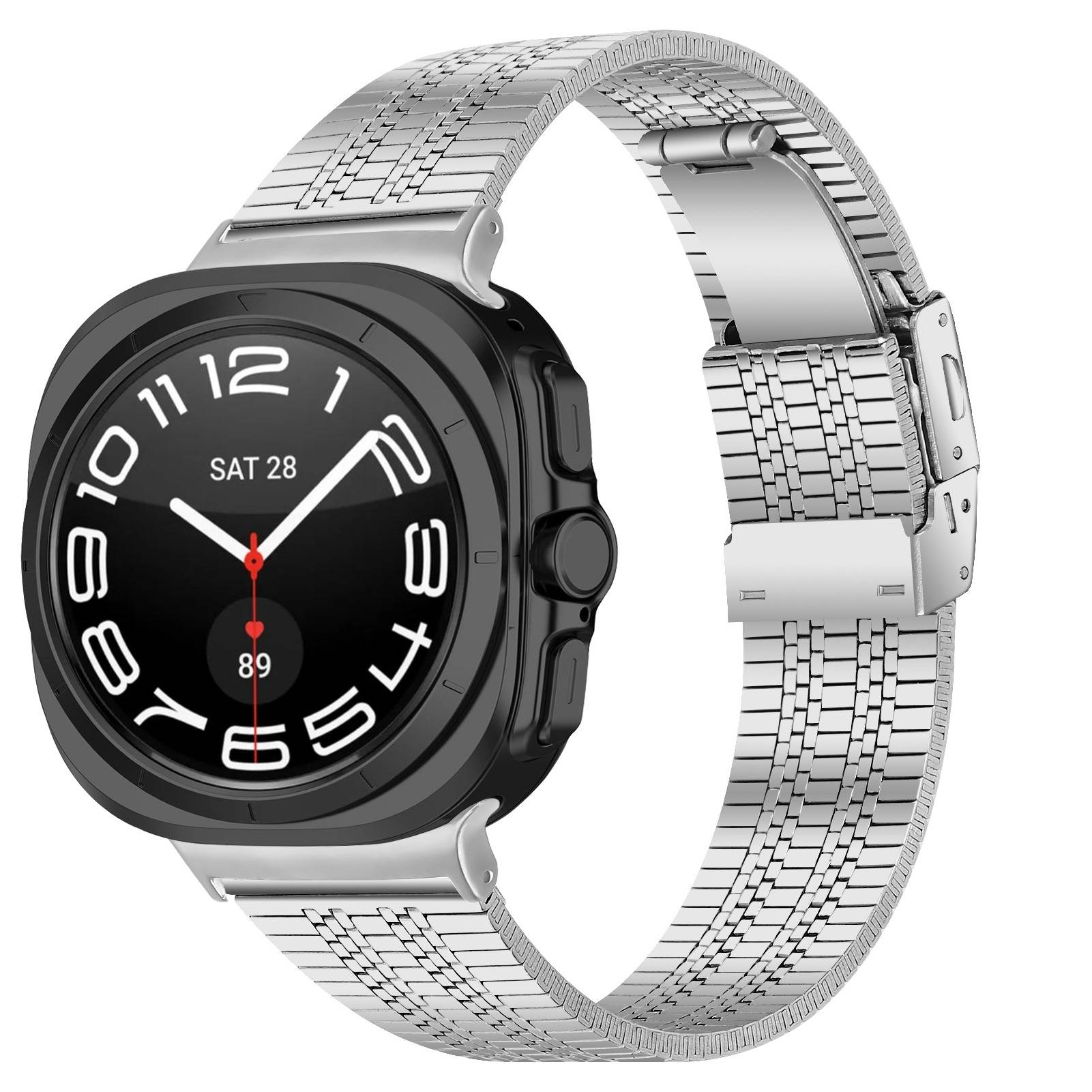 Hochwertiges Edelstahlarmband mit fünf Perlen und Schildkrötenschnalle, kompatibel mit Samsung Galaxy Watch 8/Ultra/Ultra 2 Silver