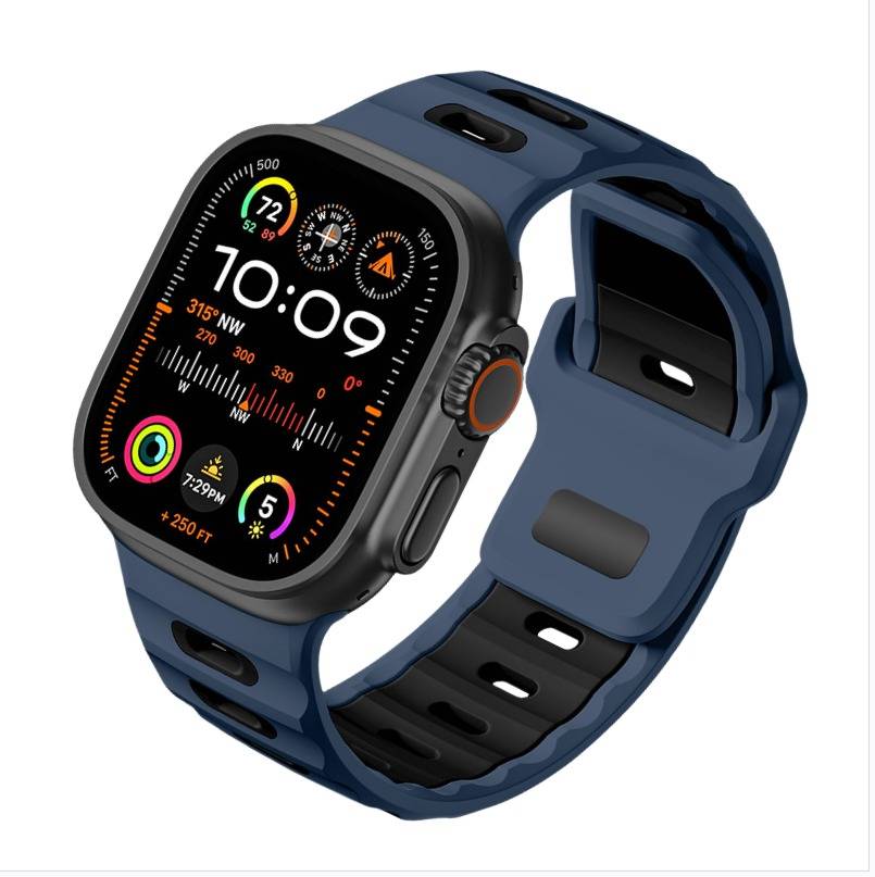 Stylisches Silikonarmband für Apple Watch 42/44/45/46/49mm Black+Blue