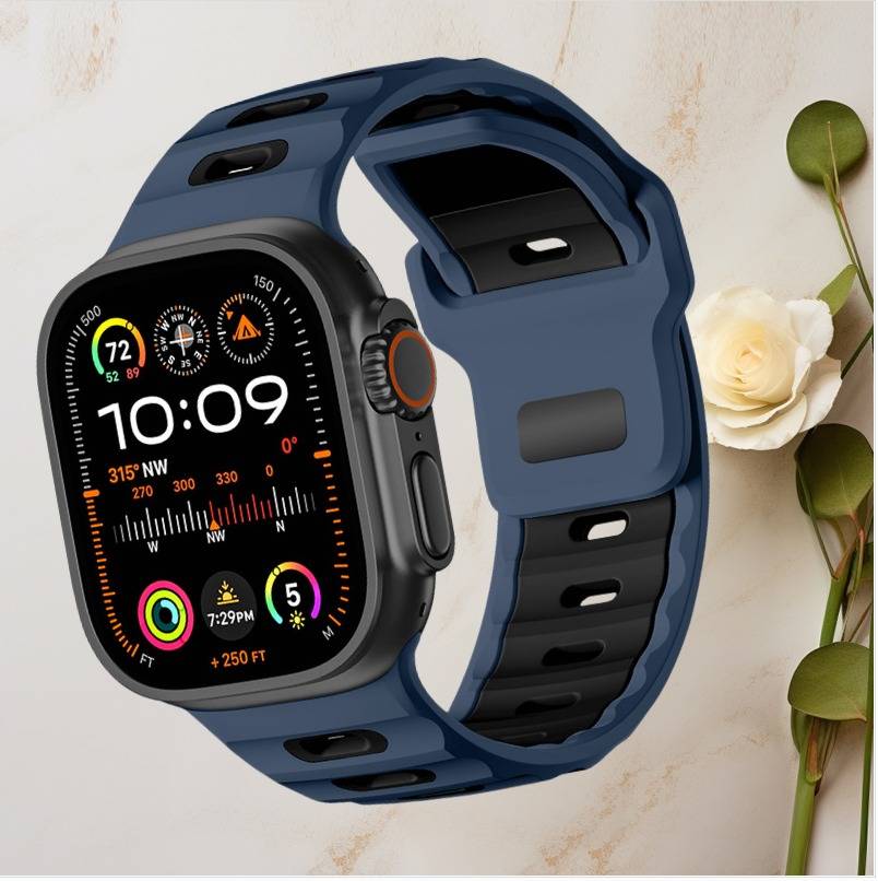 Stylisches Silikonarmband für Apple Watch 42/44/45/46/49mm Black+Blue