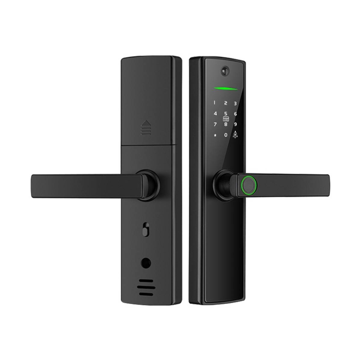 Schwarzes intelligentes Türschloss mit Tastenfeld, Fingerabdrucksensor und zwei Hebeln auf weißem Hintergrund.