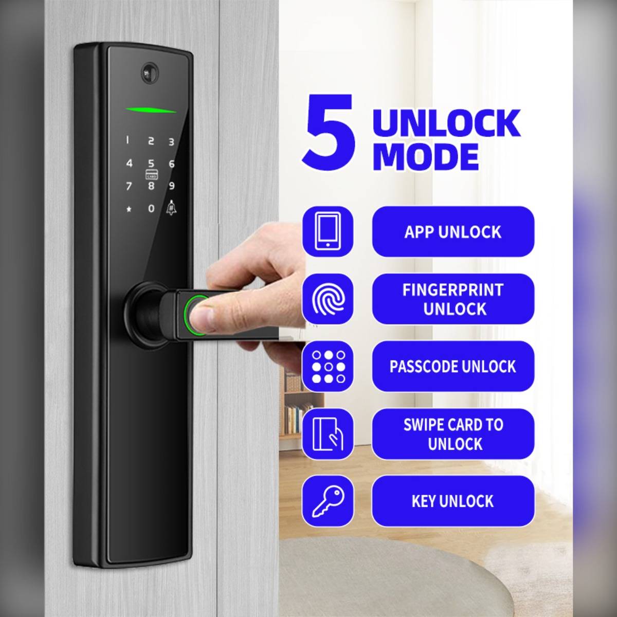 Tuya WiFi Smart Türschloss mit Guckloch, Fingerabdruck, Passwort und Schlüsselzugang für Holztüren im Innenbereich