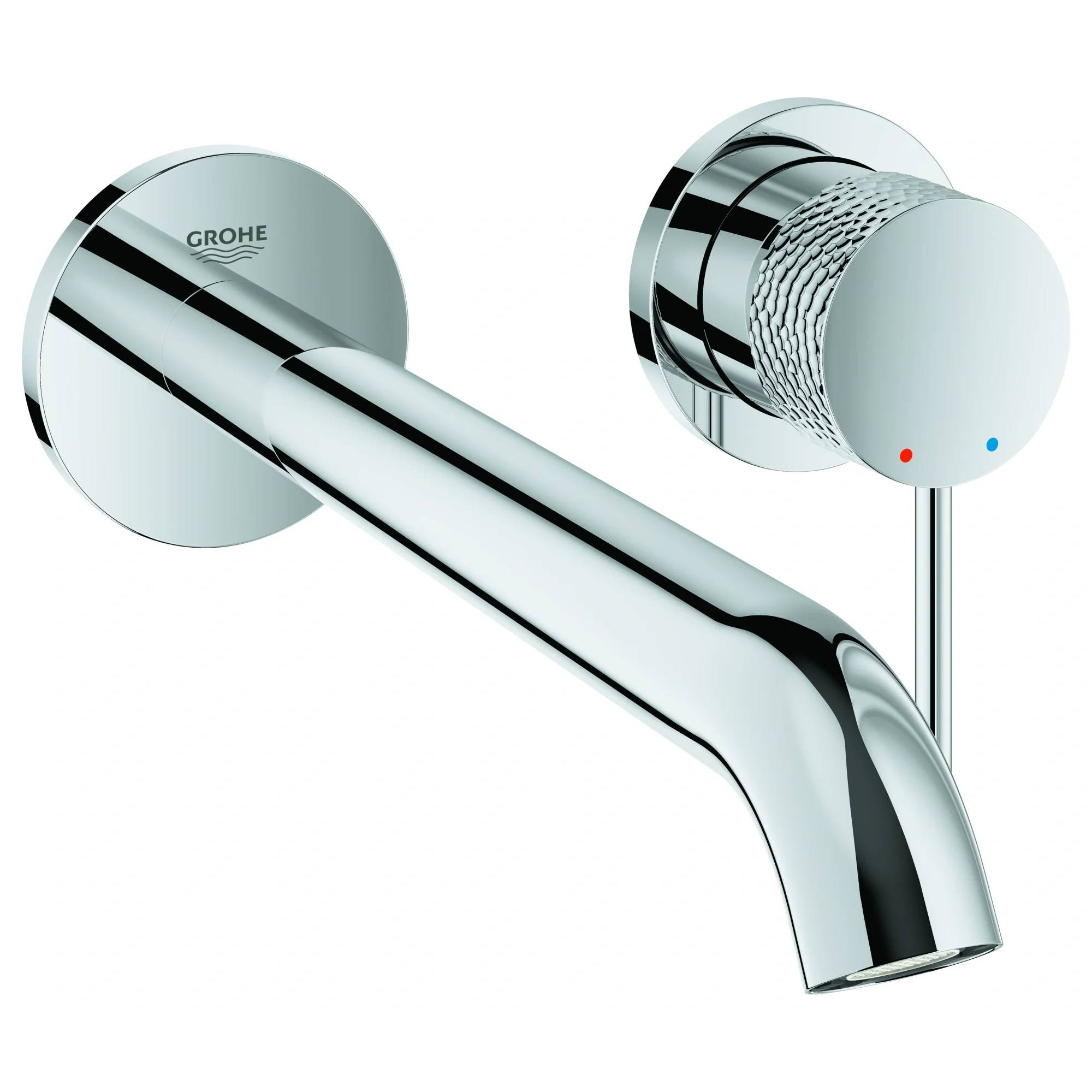 Chromglänzender, wandmontierter Grohe-Wasserhahn mit Einhebelbedienung, vor weißem Hintergrund dargestellt.
