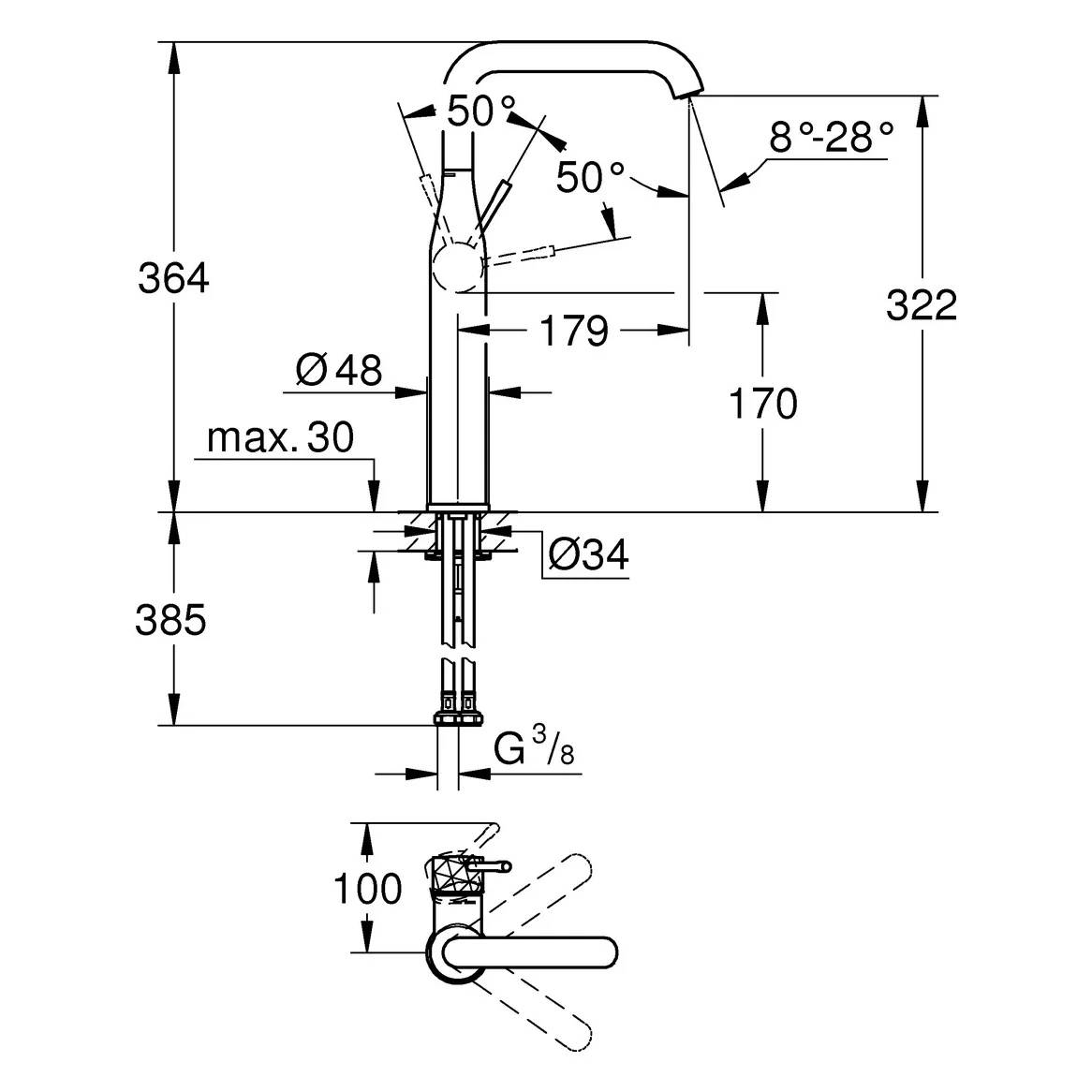Technische Strichzeichnung eines Wasserhahns mit Installationsabmessungen und Winkeln, einschließlich 364, 385, 322, 179, 170, Ø48, Ø34, G 3/8, 50° und 8°-28° Messungen.