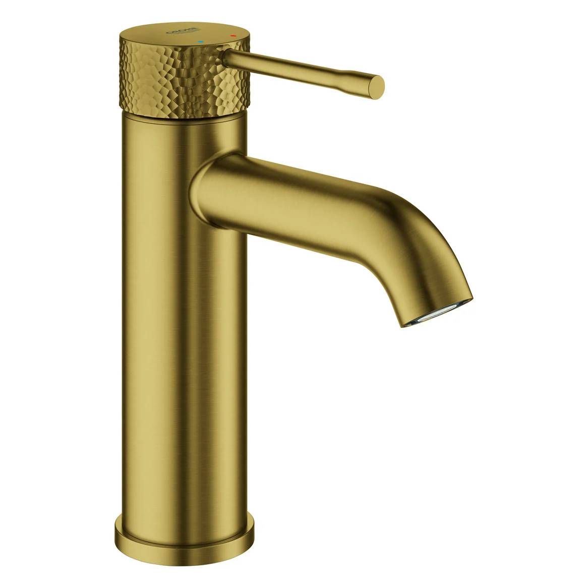 Goldener Einhebel-Wasserhahn für das Badezimmer mit schlankem zylindrischem Gehäuse und geschwungenem Auslauf auf weißem Hintergrund