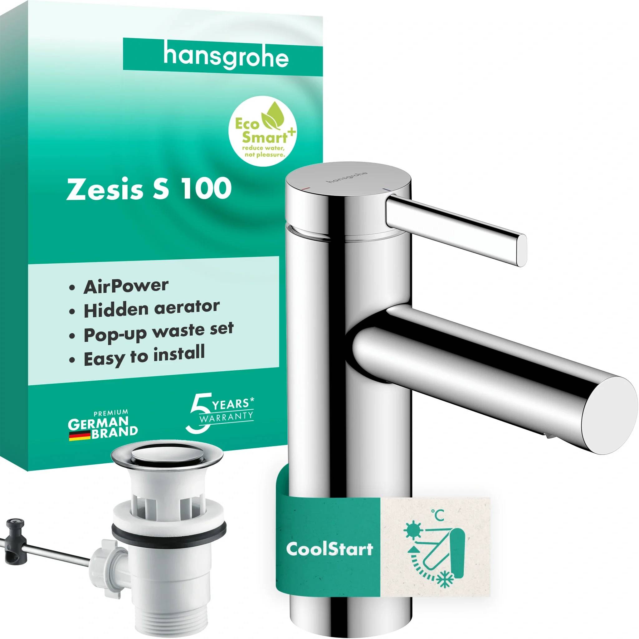 Produktbild eines Hansgrohe 'Zesis S 100' Badezimmermischbatterie aus Chrom mit passendem Pop-up-Ablaufgarnitur; die Verpackung hebt AirPower, versteckten Luftsprudler, einfache Installation, CoolStart und 5-Jahres-Garantie hervor.