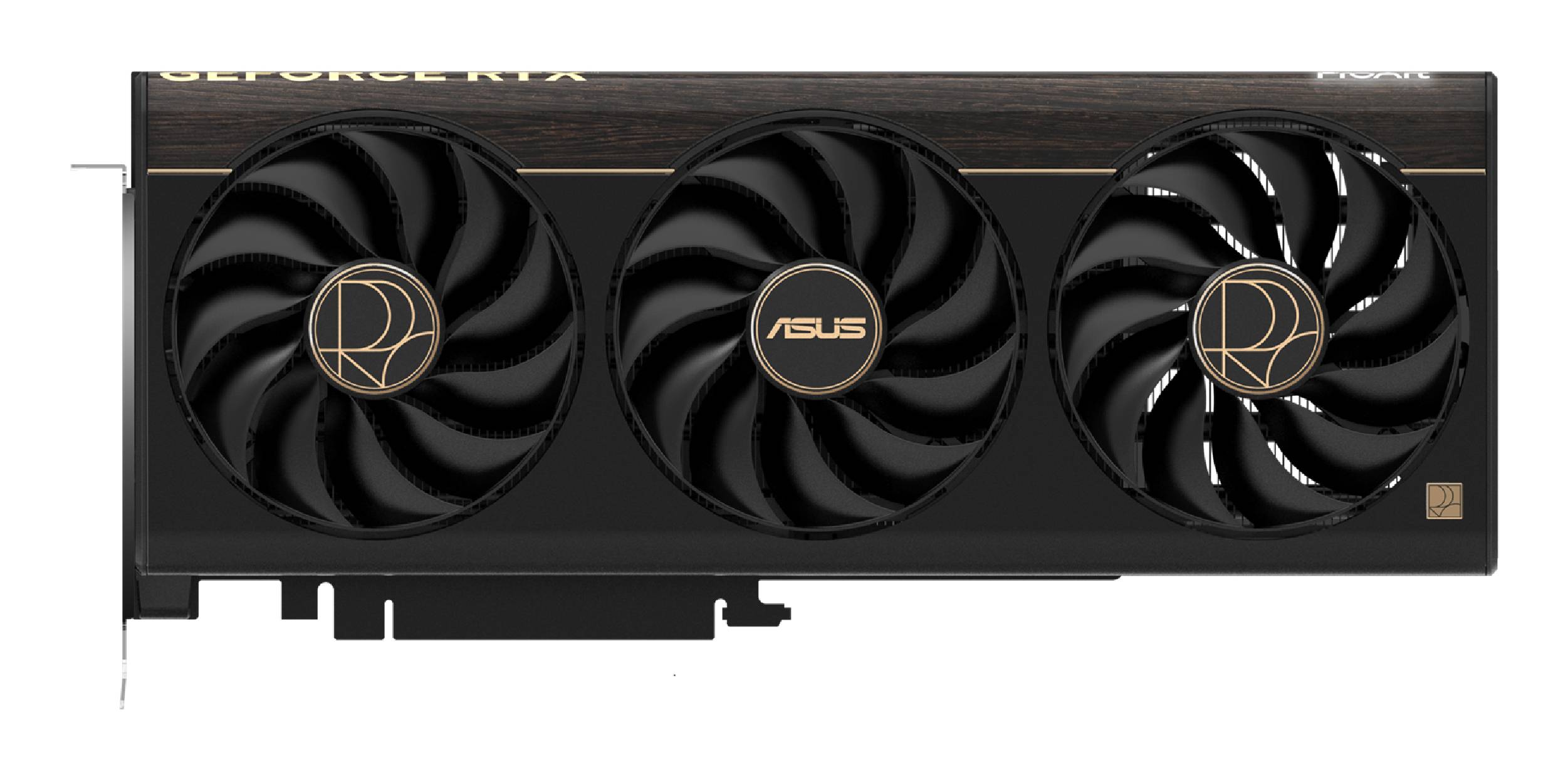 ASUS GeForce RTX Grafikkarte mit drei Kühlventillatoren und schwarzem Verkleidung auf weißem Hintergrund