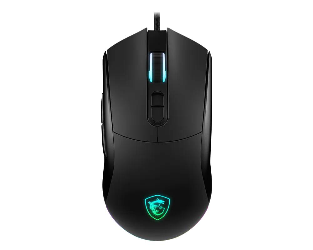 Schwarze kabelgebundene Gaming-Maus mit leuchtendem blauem Scrollrad und beleuchtetem Logo auf weißem Hintergrund.