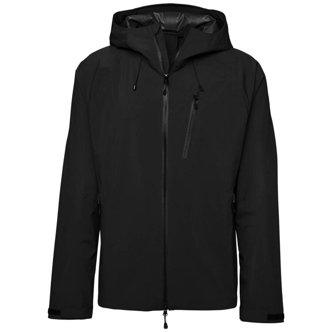 Schwarze Kapuzenjacke mit Reißverschluss, Brust- und Seitentaschen, Vorderansicht auf weißem Hintergrund.