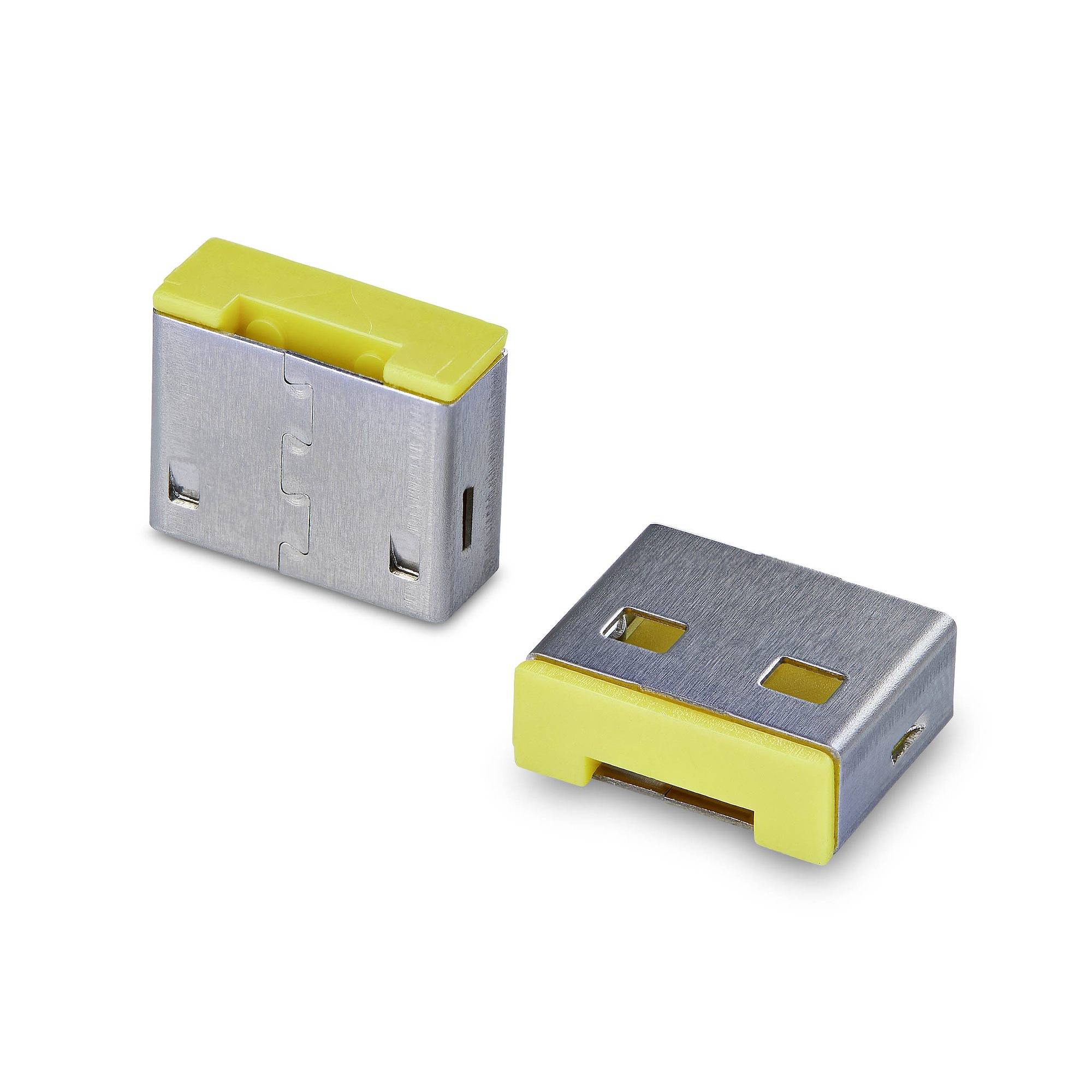 Zwei kleine Metall-Elektronikstecker mit gelben Kunststoffenden, auf weißem Hintergrund dargestellt.