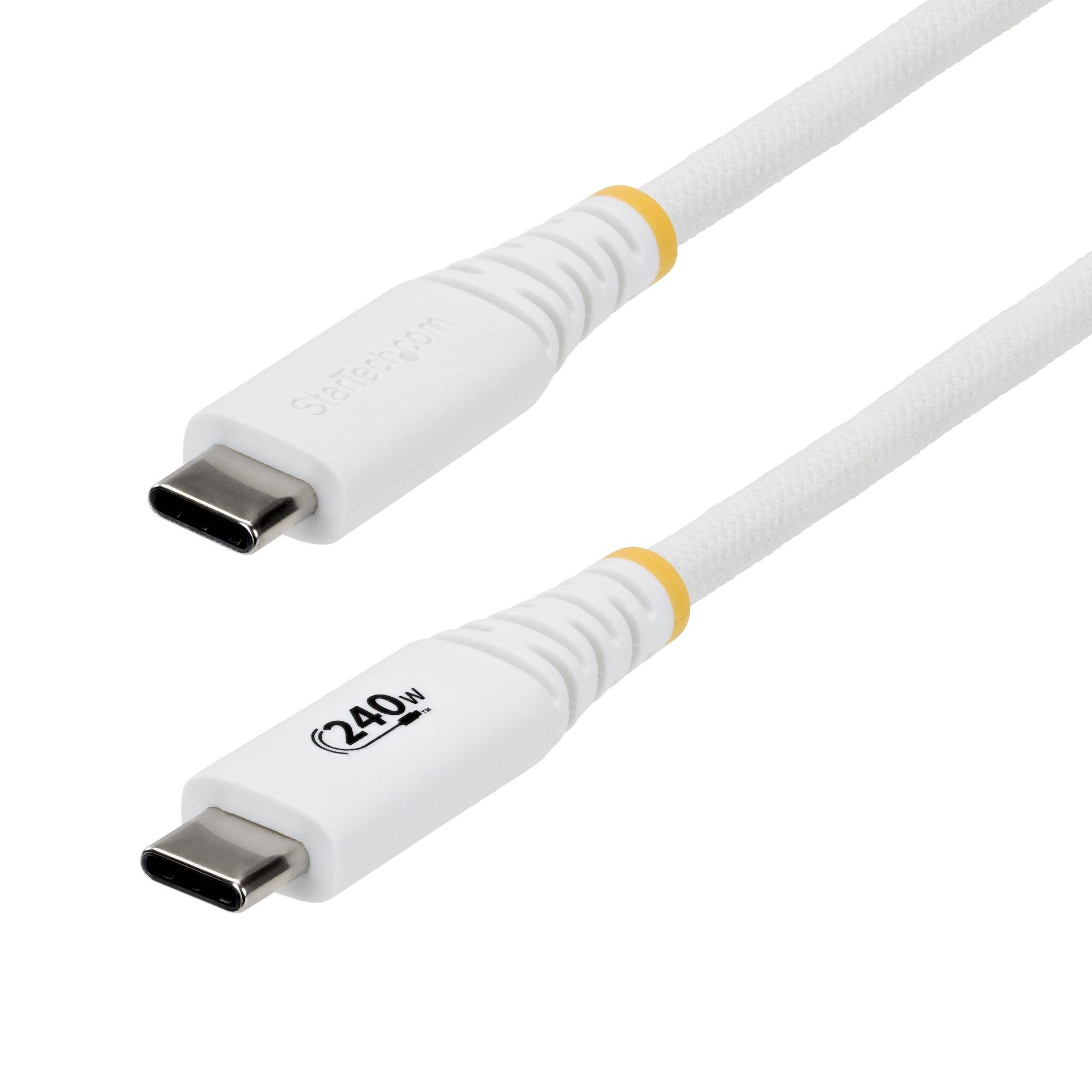 Zwei weiße USB-C-Kabelstecker auf einem einfachen Hintergrund gezeigt, wobei einer mit „240W