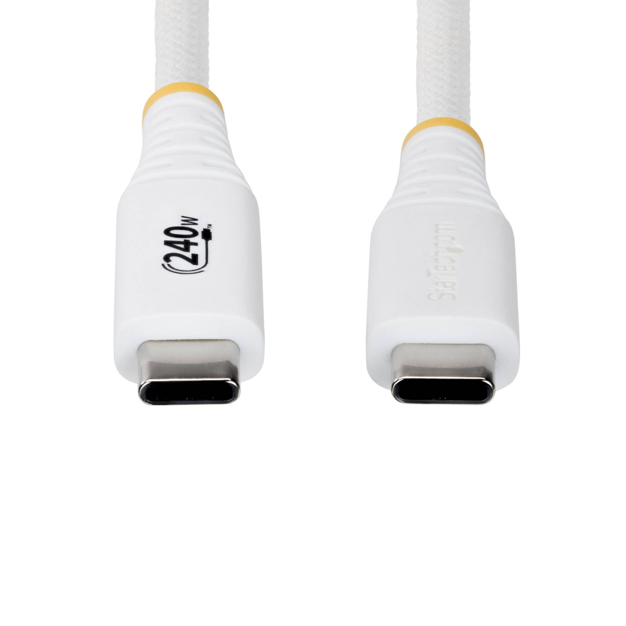 Zwei weiße USB-C-Ladekabel nebeneinander, wobei ein Stecker mit 240W beschriftet ist und gelbe Zugentlastungsringe aufweist.