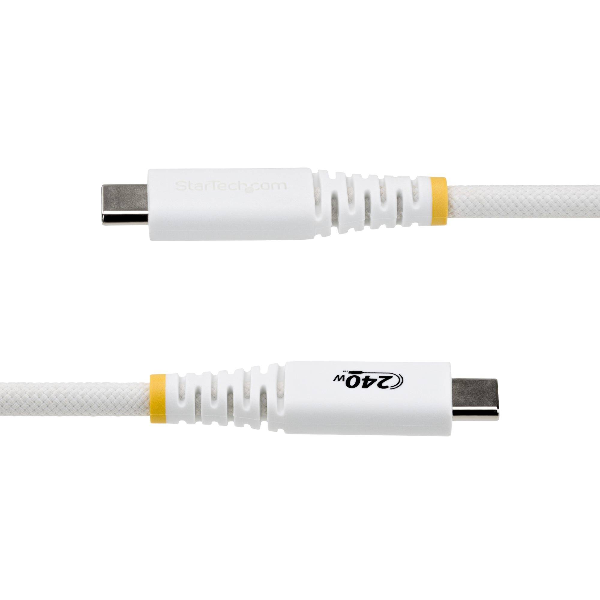 Weißes USB-C-Ladekabel mit Anschlüssen an beiden Enden, ein Stecker ist mit 