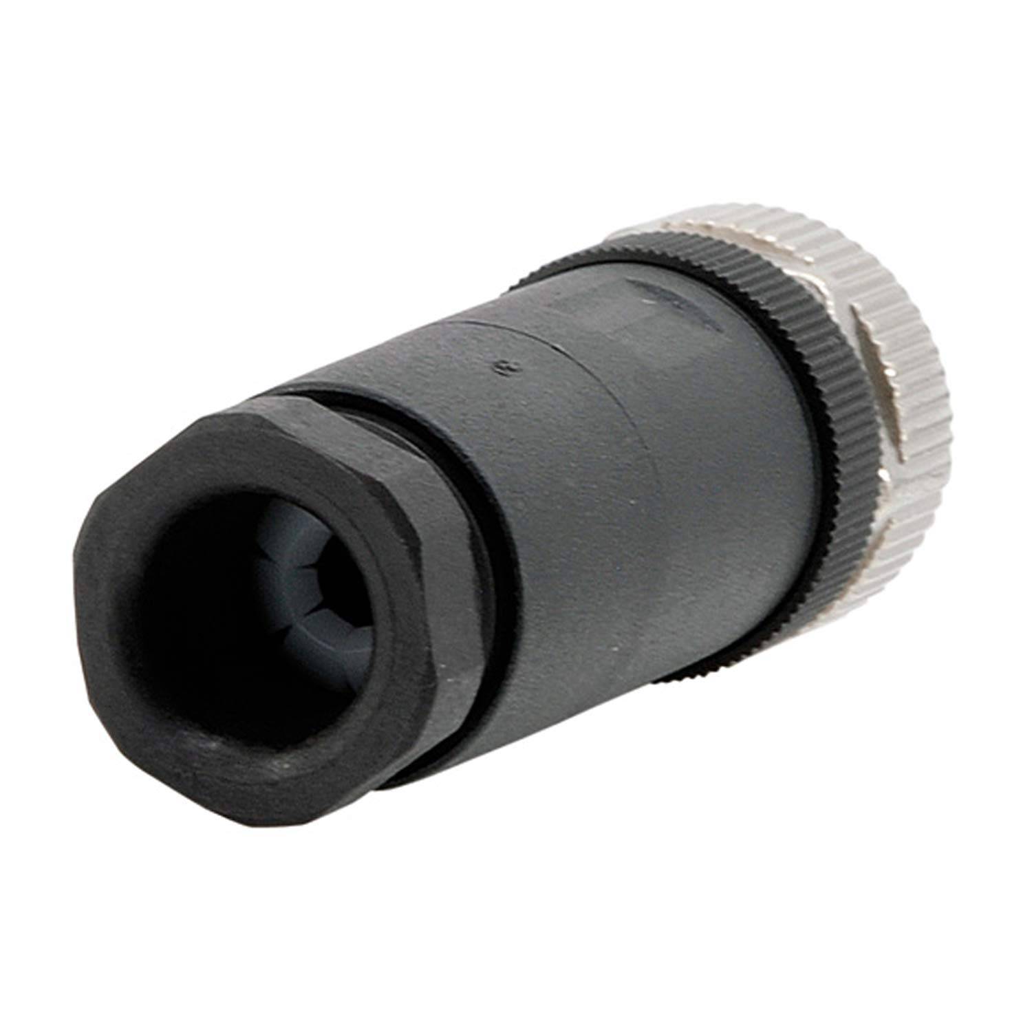 Schwarzer zylindrischer Audioadapter oder Kabelstecker mit gerillter silberner Endkappe auf weißem Hintergrund.