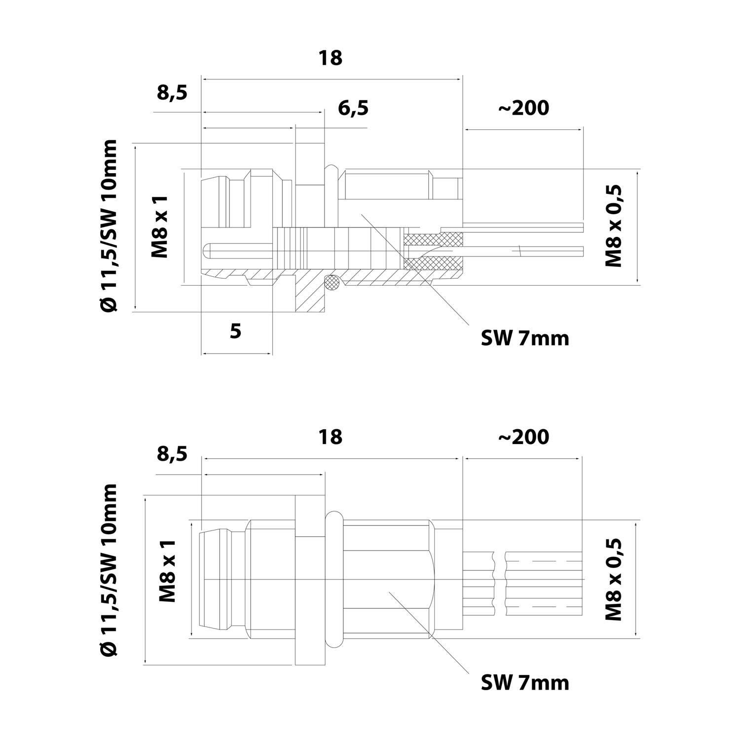 M8 Gerätesteckverbinder gerade Stift Polzahl 6-polig Vorderwand, Litzen 0,25mm² AWG24, Länge 200,0mm - 1 Stück