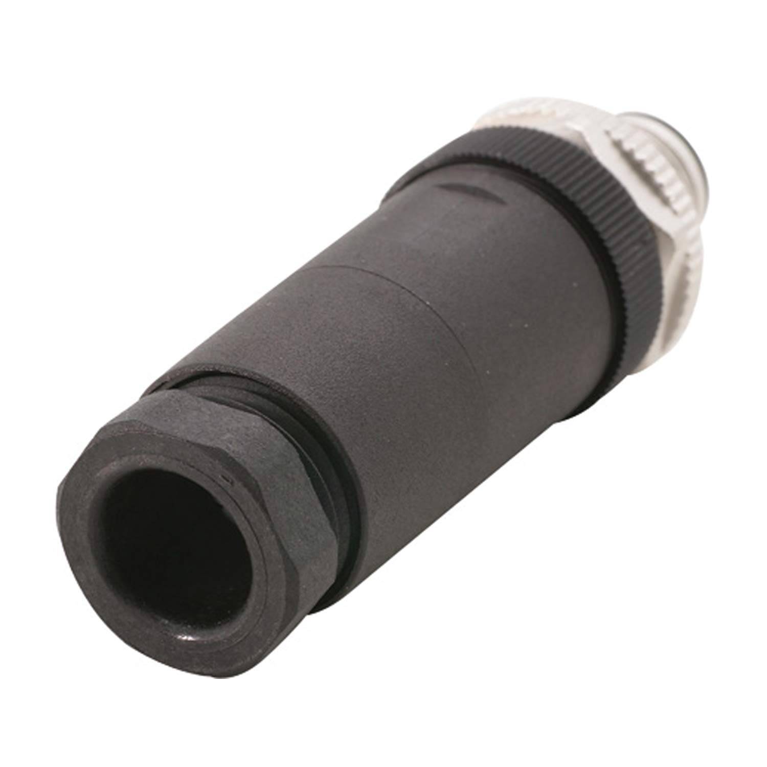 Schwarzer zylindrischer Kabelstecker mit Gewinde am Ende, gezeigt auf weißem Hintergrund.
