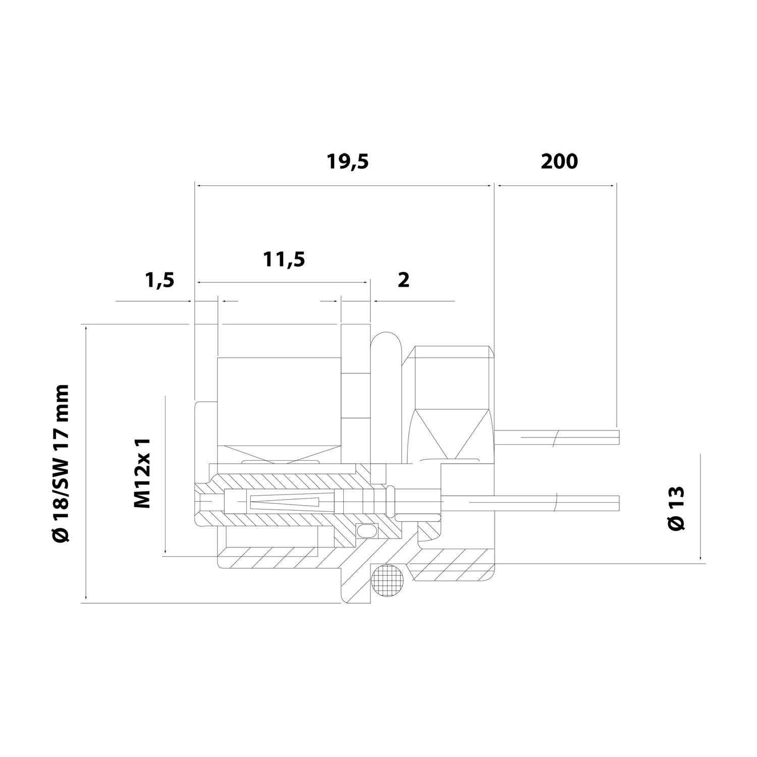 M12 Gerätesteckverbinder gerade Buchse Polzahl 8-polig Vorderwand, Litzen 0,25mm² AWG24, Länge 200,0mm - 1 Stück