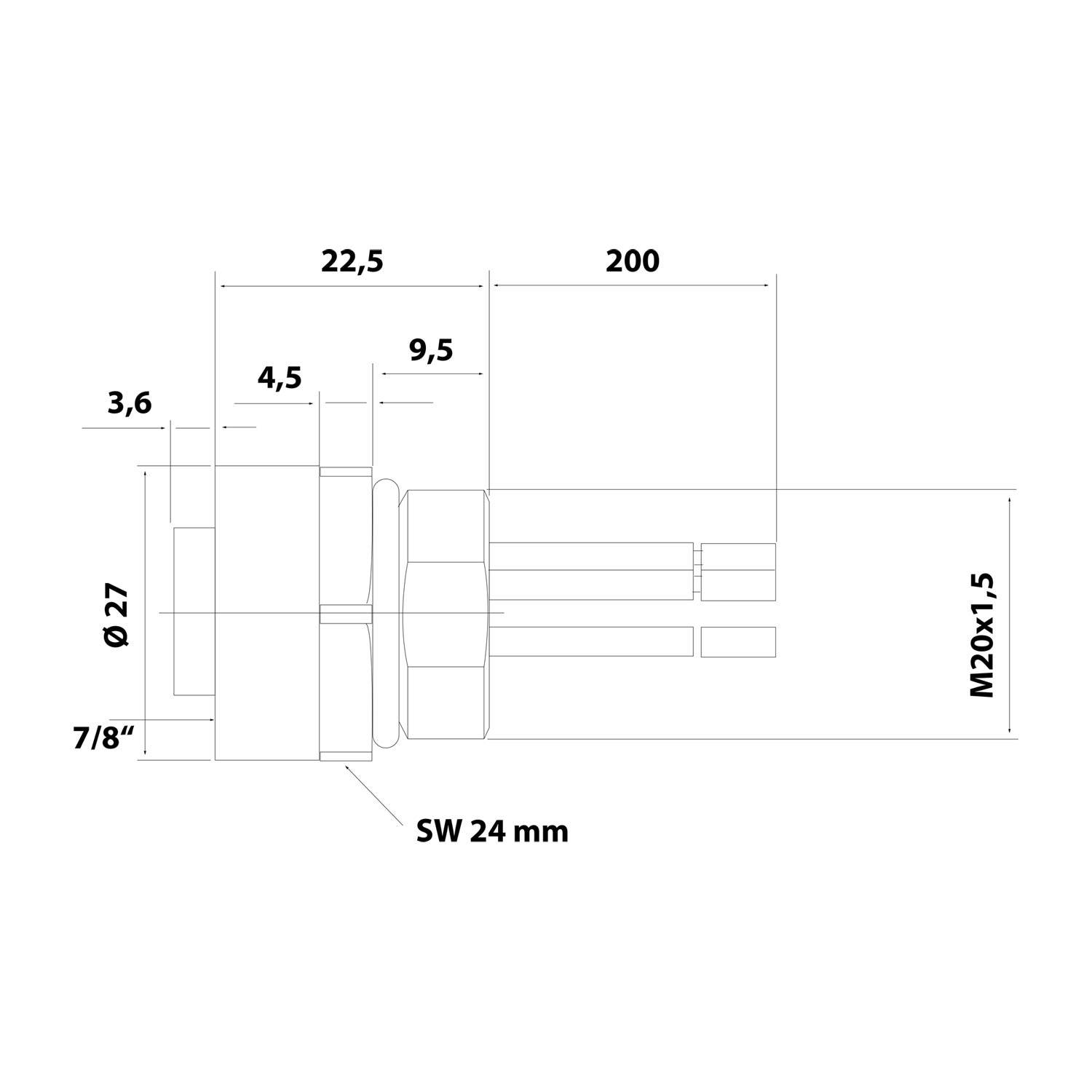 7/8"" Gerätesteckverbinder gerade Buchse Polzahl 4-polig Vorderwand, Litzen 0,82mm² AWG18, Länge 200,0mm - 1 Stück