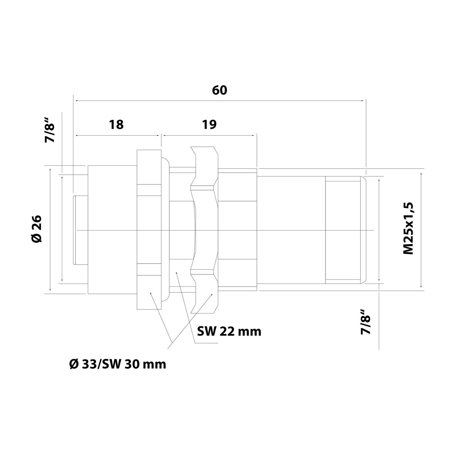 7/8"" Wanddurchführung 1xStift/1xBuchse gerade 5/5-pol. 250V, 8A Bauform Seite 1 1x7/8"" gerade Stift - 1 Stück