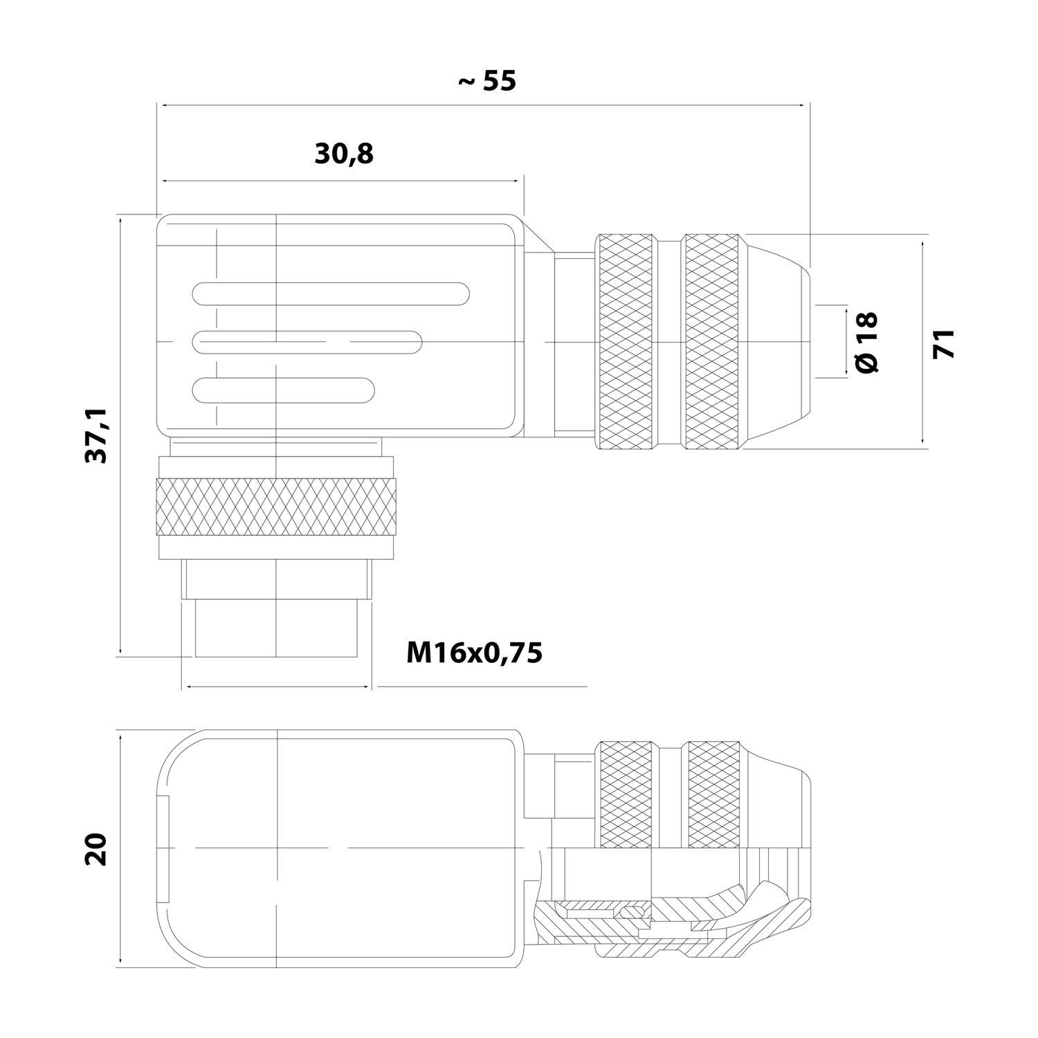 M16 DIN-Kabelsteckverbinder gewinkelt Stift Lötanschluss, Polzahl 3-polig Kabelabgang seitlich PG9x1,41, Klemmbereich