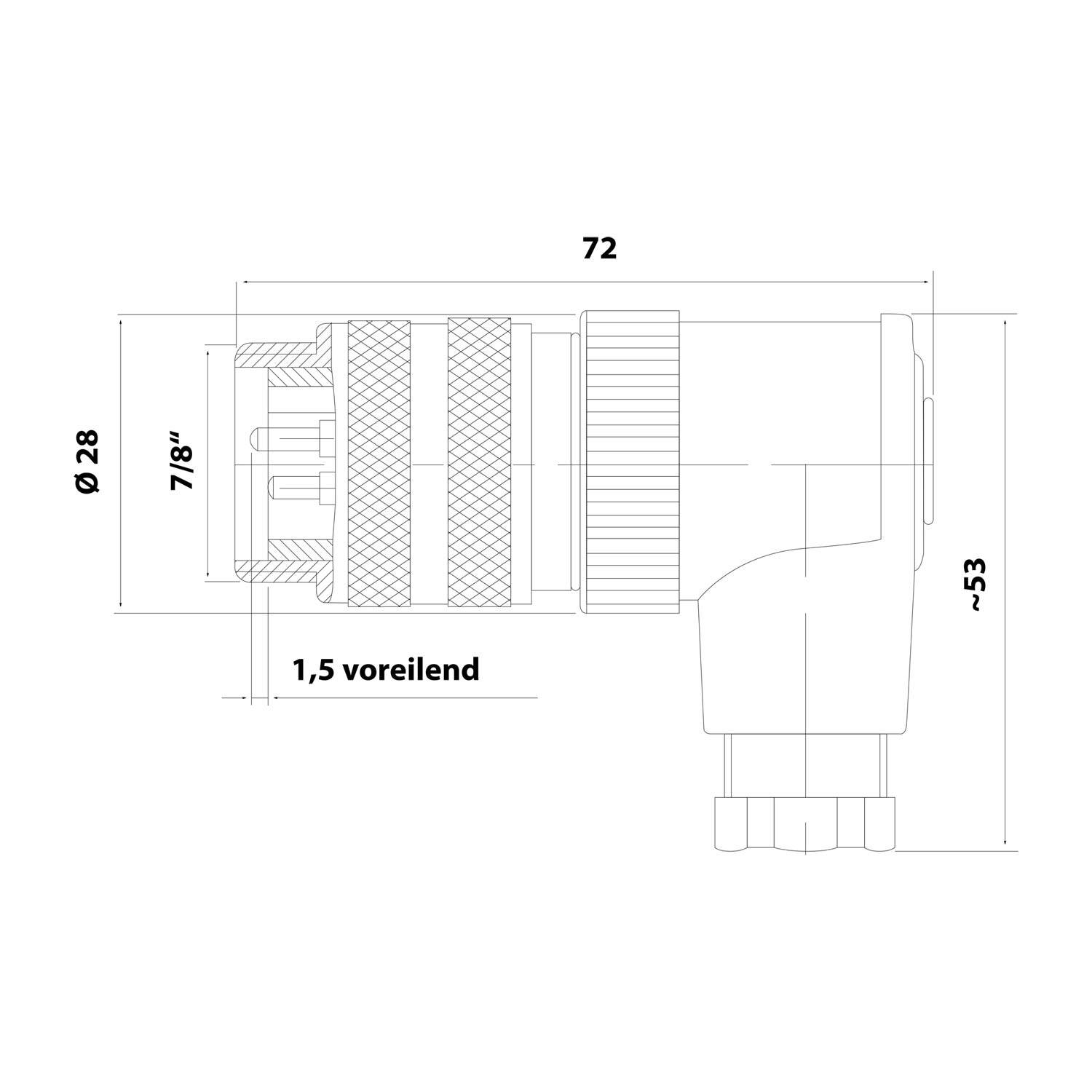 7/8"" Kabelsteckverbinder gewinkelt Stift Schraubanschluss, Polzahl 2+PE Kabelabgang seitlich, Klemmbereich 8,0mm -