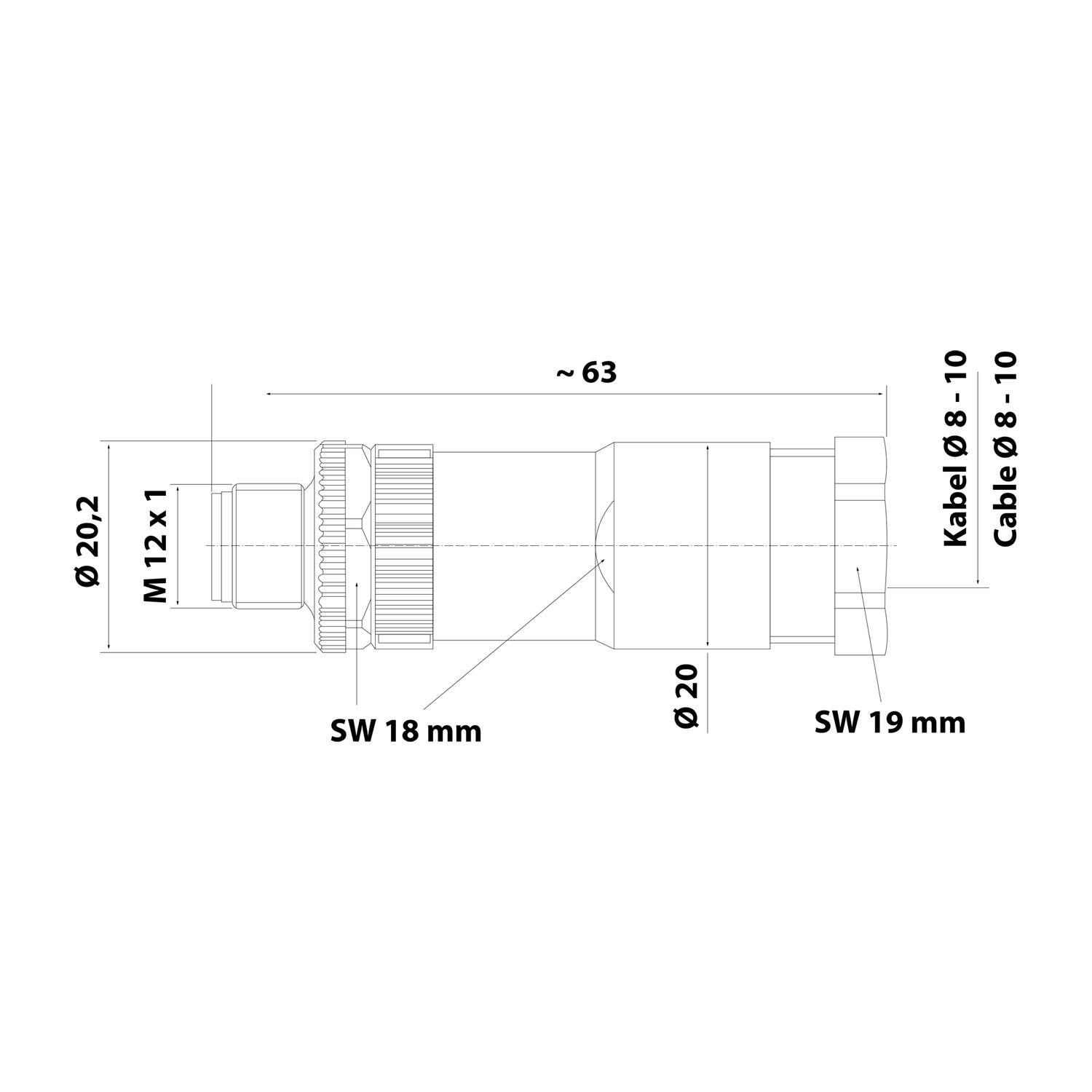 M12 Kabelsteckverbinder gerade Stift Schraubanschluss, Polzahl 5-polig Kabelabgang gerade, Klemmbereich 8,0mm - 10,0mm