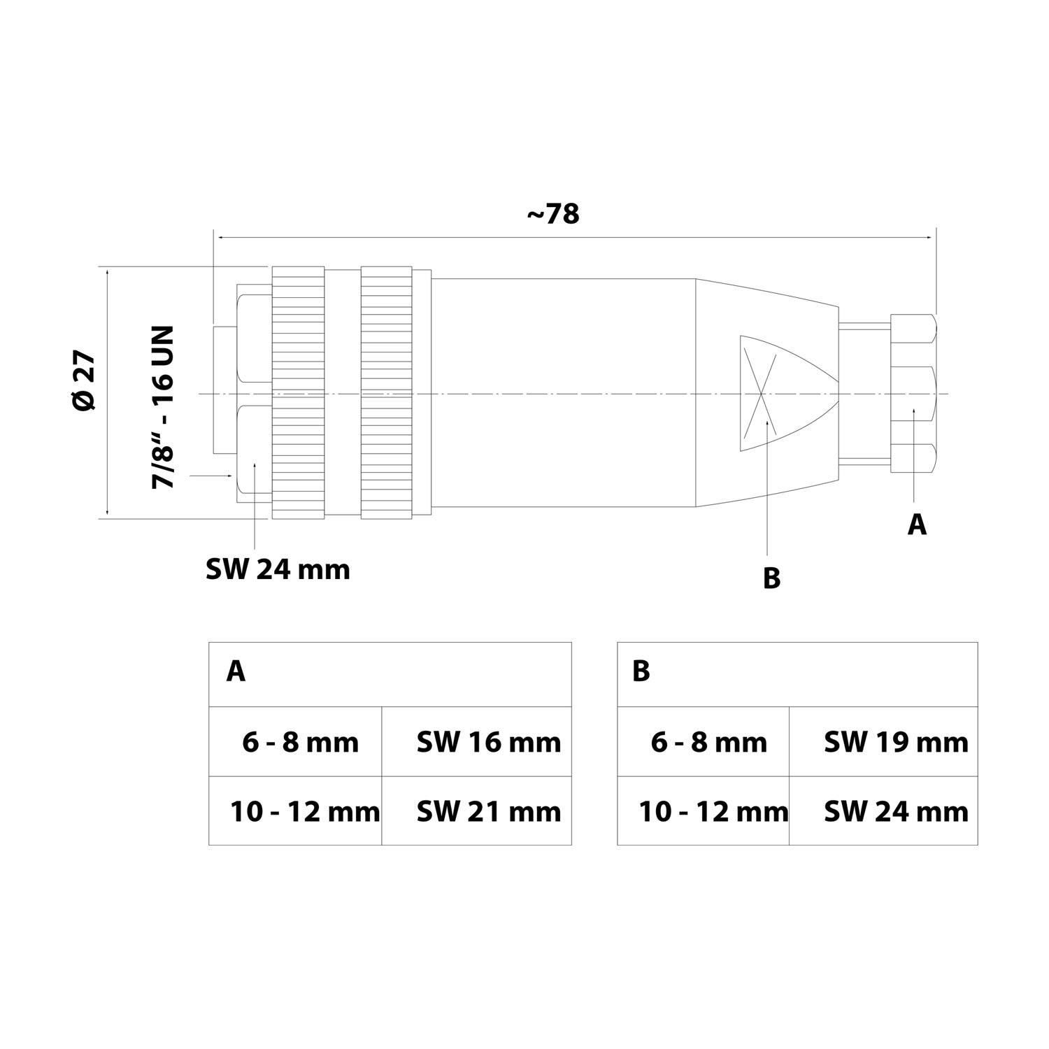 7/8"" Kabelsteckverbinder gerade Buchse Schraubanschluss, Polzahl 4+PE Kabelabgang gerade, Klemmbereich 6,0mm - 8,0mm -
