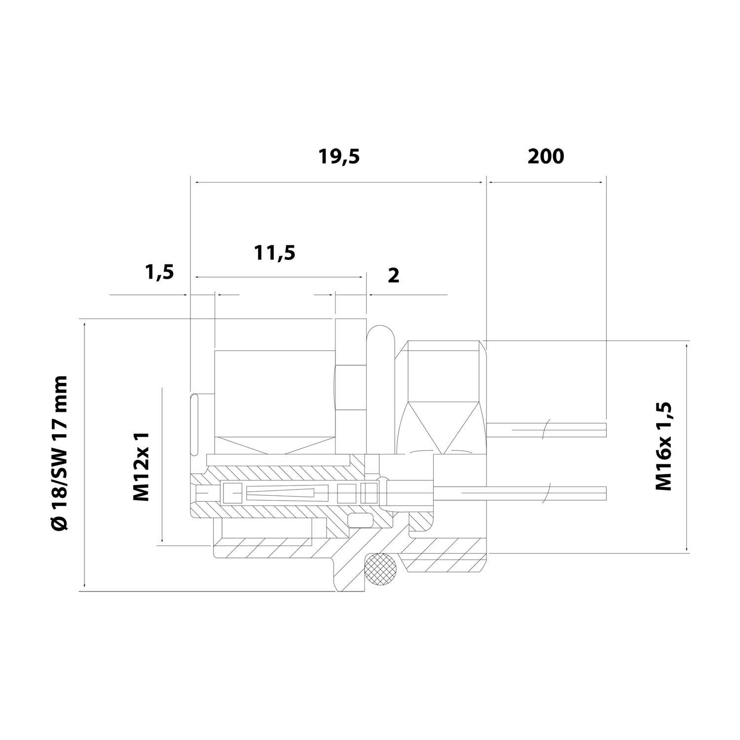 M12 Gerätesteckverbinder gerade Buchse Polzahl 4-polig Vorderwand, Litzen 0,25mm² AWG24, Länge 200,0mm - 1 Stück