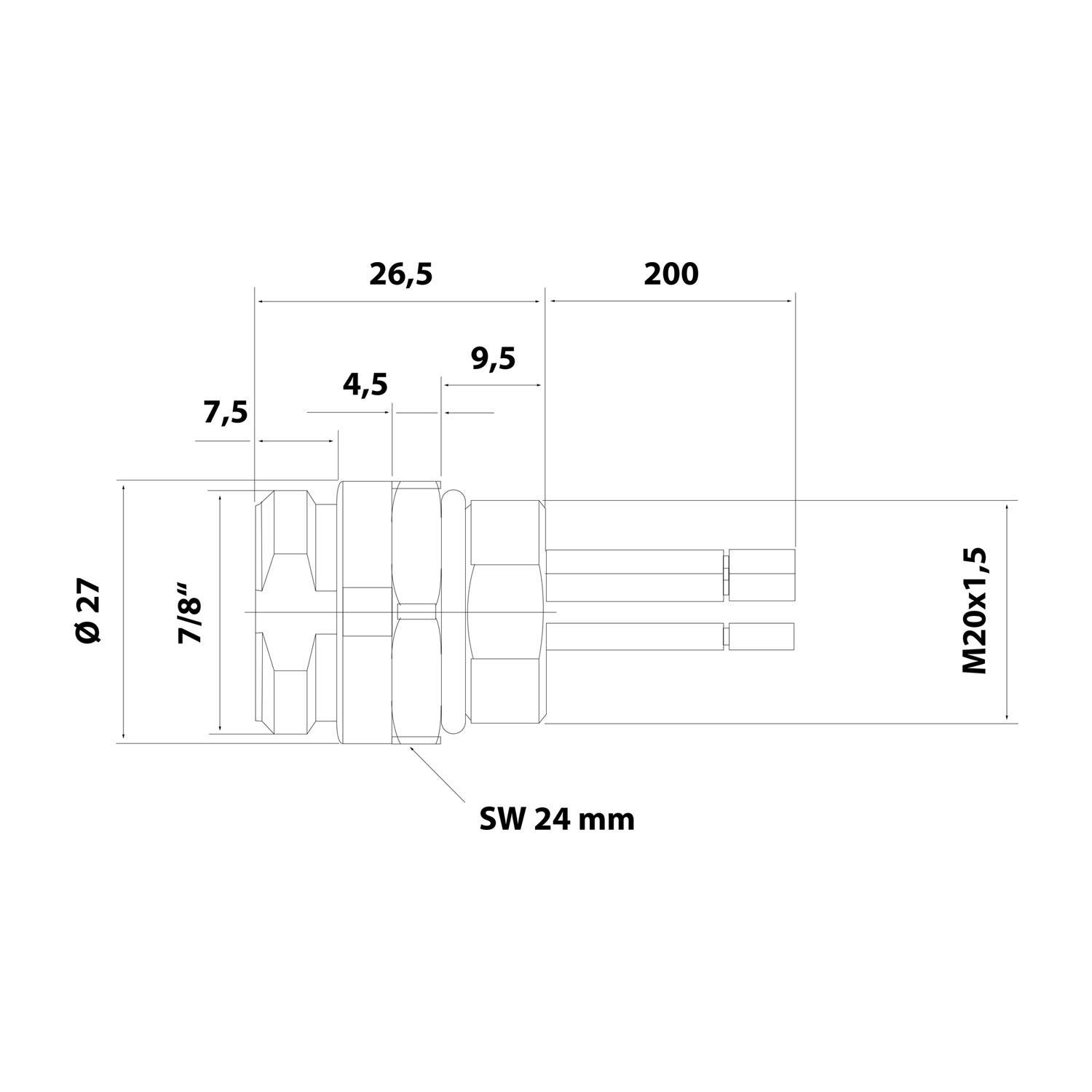 7/8"" Gerätesteckverbinder gerade Stift Polzahl 4-polig Vorderwand, Litzen 0,82mm² AWG18, Länge 200,0mm - 1 Stück