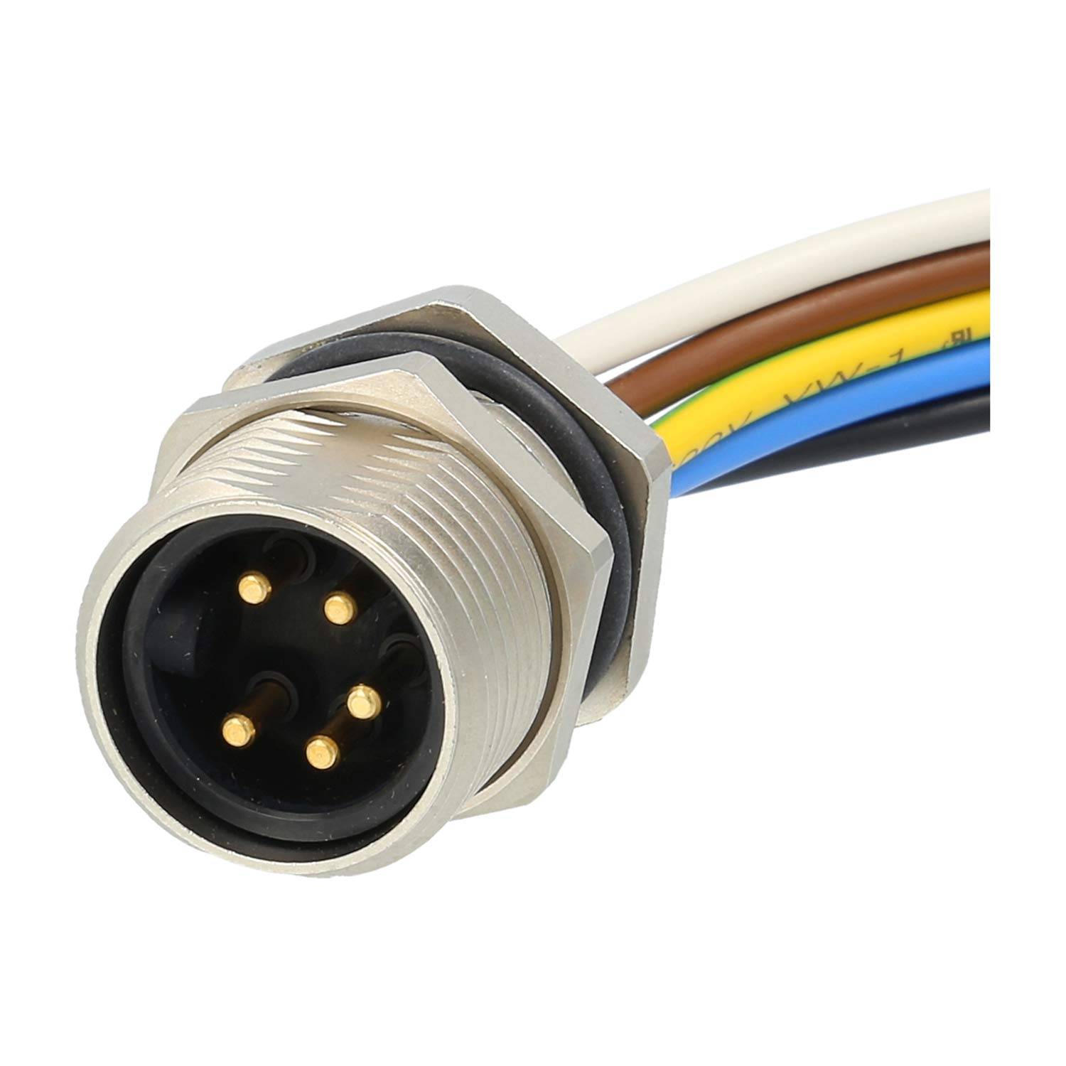 7/8" Gerätesteckverbinder gerade Stift Polzahl 4+PE Hinterwand, Litzen 5G0,82mm² AWG18, Länge 200,0mm - 1 Stück