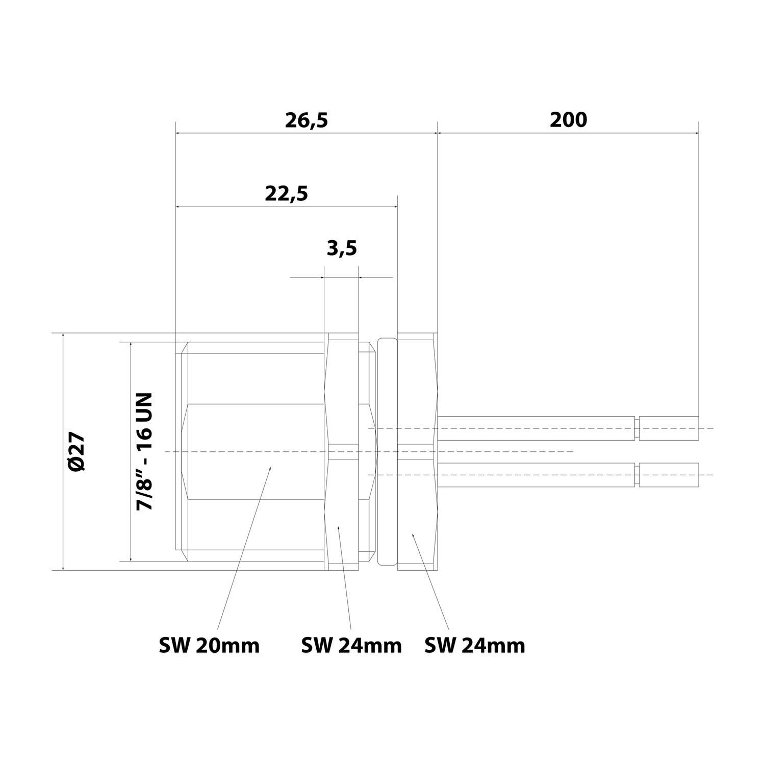 7/8" Gerätesteckverbinder gerade Stift Polzahl 4+PE Hinterwand, Litzen 5G0,82mm² AWG18, Länge 200,0mm - 1 Stück