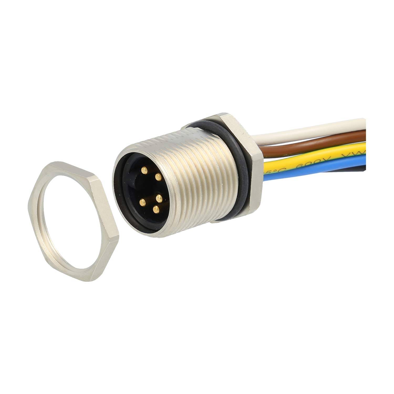 7/8" Gerätesteckverbinder gerade Stift Polzahl 4+PE Hinterwand, Litzen 5G0,82mm² AWG18, Länge 200,0mm - 1 Stück