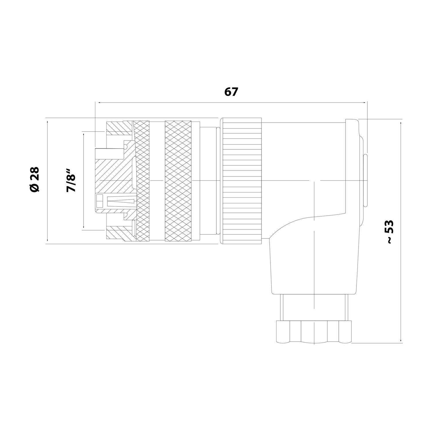 7/8"" Kabelsteckverbinder gewinkelt Buchse Schraubanschluss, Polzahl 2+PE Kabelabgang seitlich, Klemmbereich 8,0mm -