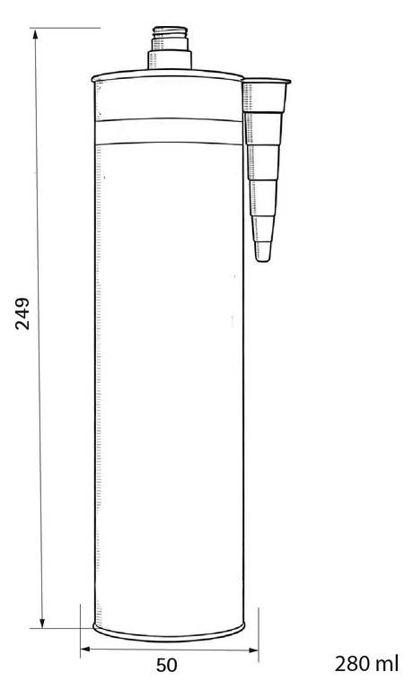 Technische Zeichnung einer zylindrischen 280-ml-Flasche mit Schraubverschluss und Seitendüse; dargestellte Abmessungen sind 249 hoch und 50 breit.
