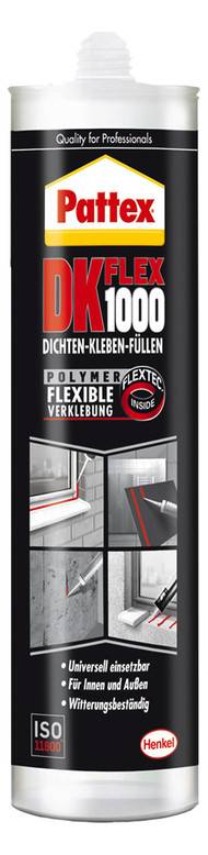 Pattex DKFlex 1000 Kleber-Kartusche mit der Bezeichnung Qualität für Profis, zur universellen flexiblen Verklebung, mit Anwendungsbeispielen an Fenstern und Fugen.