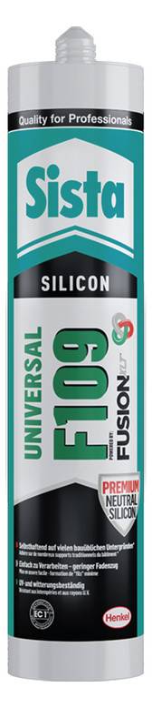 Ein Schlauch Sista Universal F109 Silikonkitт für Profis, gekennzeichnet als Premium-Neutralsilikon und Fusion.