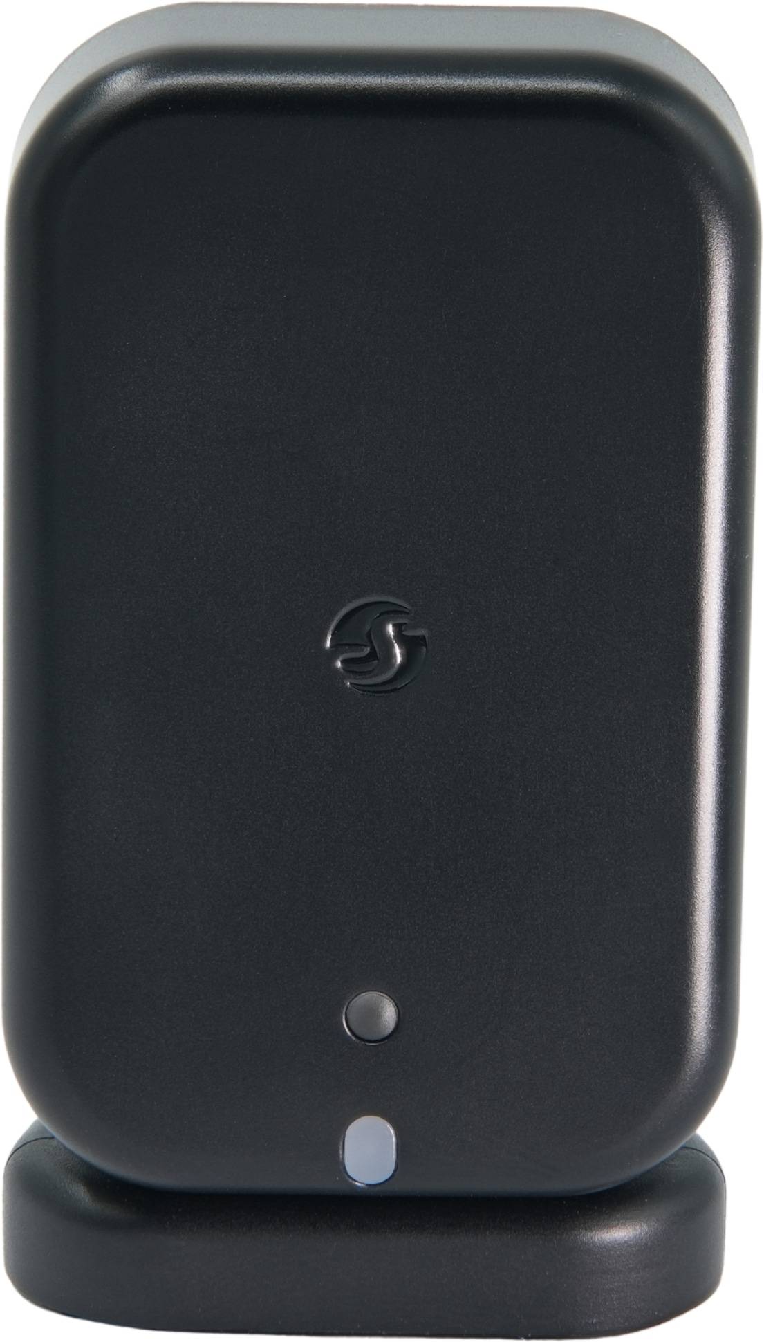Schwarzes rechteckiges elektronisches Gerät auf einem Sockel stehend, mit einem kleinen Logo in der Mitte und zwei Anzeigelichtern in der Nähe des unteren Randes.