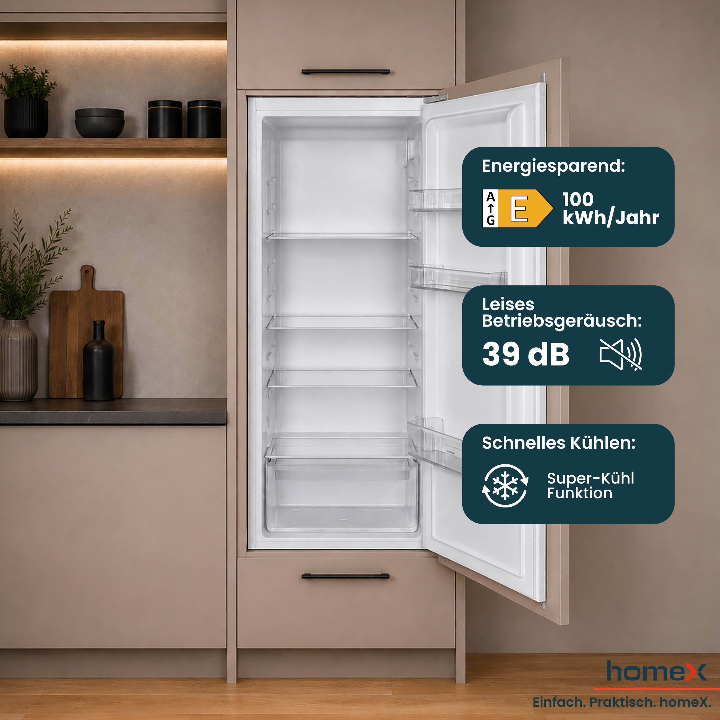 homeX CB1991E Einbaukühlschrank ohne Gefrierfach, 122cm Nische - 199 Liter, Schlepptürtechnik, LED-Beleuchtung, 39 dB